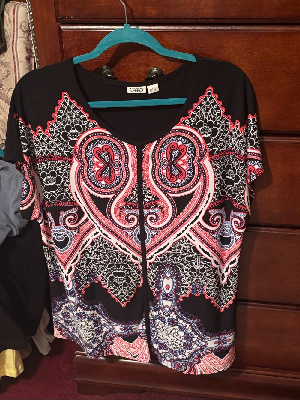 Cato Black Pink Paisley-Style Short Sleeve Top